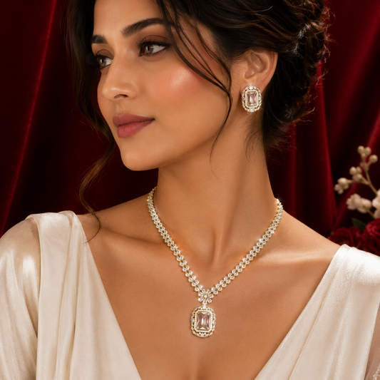 Gold Plated Emerald Cut AD Daisy Chain Pendant Necklace Set
