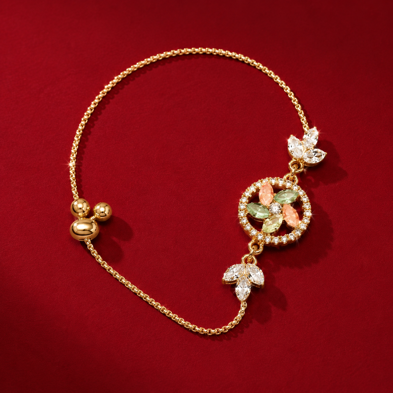 Gold Tone Peach Green Floral AD Leaf Chain Bracelet