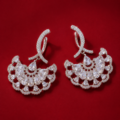 White AD Pear Teardrop Open Fan Dangler Earrings