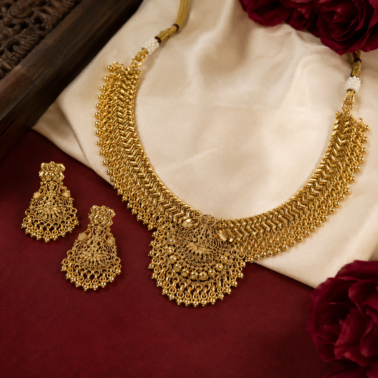 Gold Tone Chevron Pattern Peacock Jhumka Necklace Set