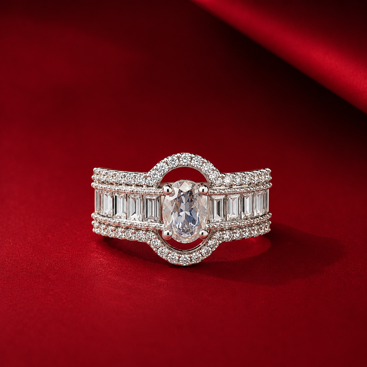 White American Diamond Oval AD Triple Row Broad Ring