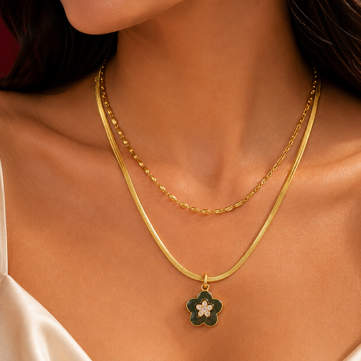 Black Enamel Flower Layered Necklace Set