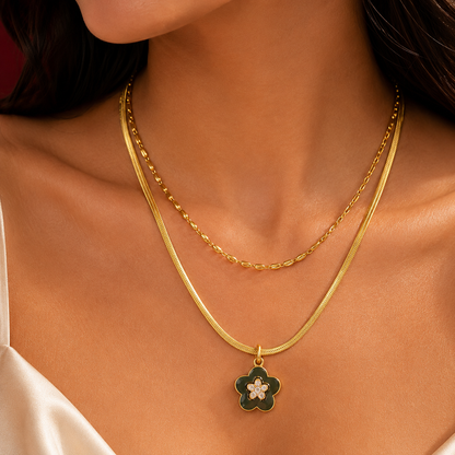 Black Enamel Flower Layered Necklace Set
