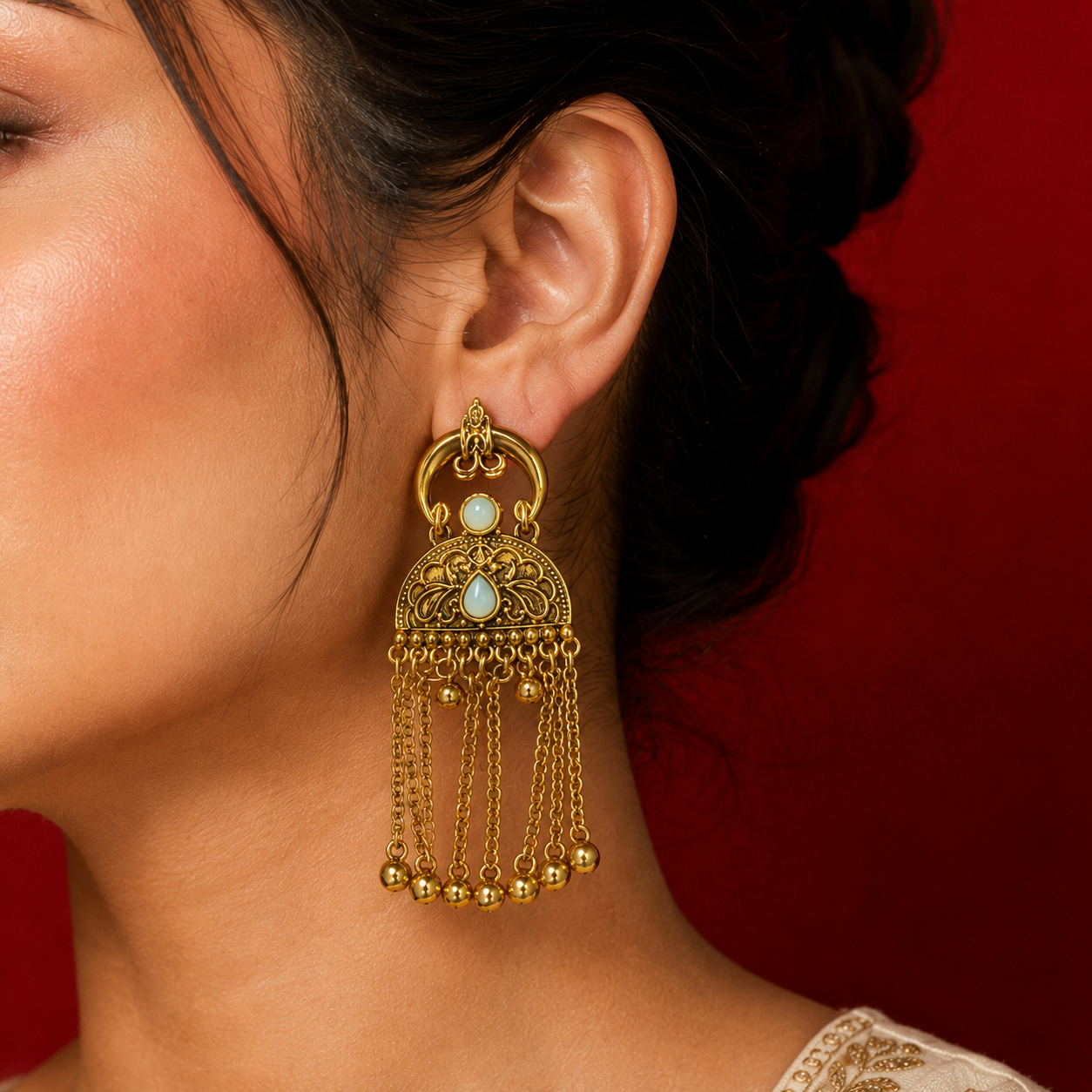 Crescent Hoop Filigree Dome Chain Ghungroo Drop Earrings