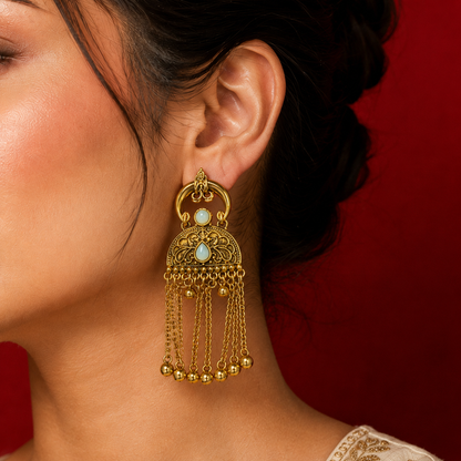 Crescent Hoop Filigree Dome Chain Ghungroo Drop Earrings