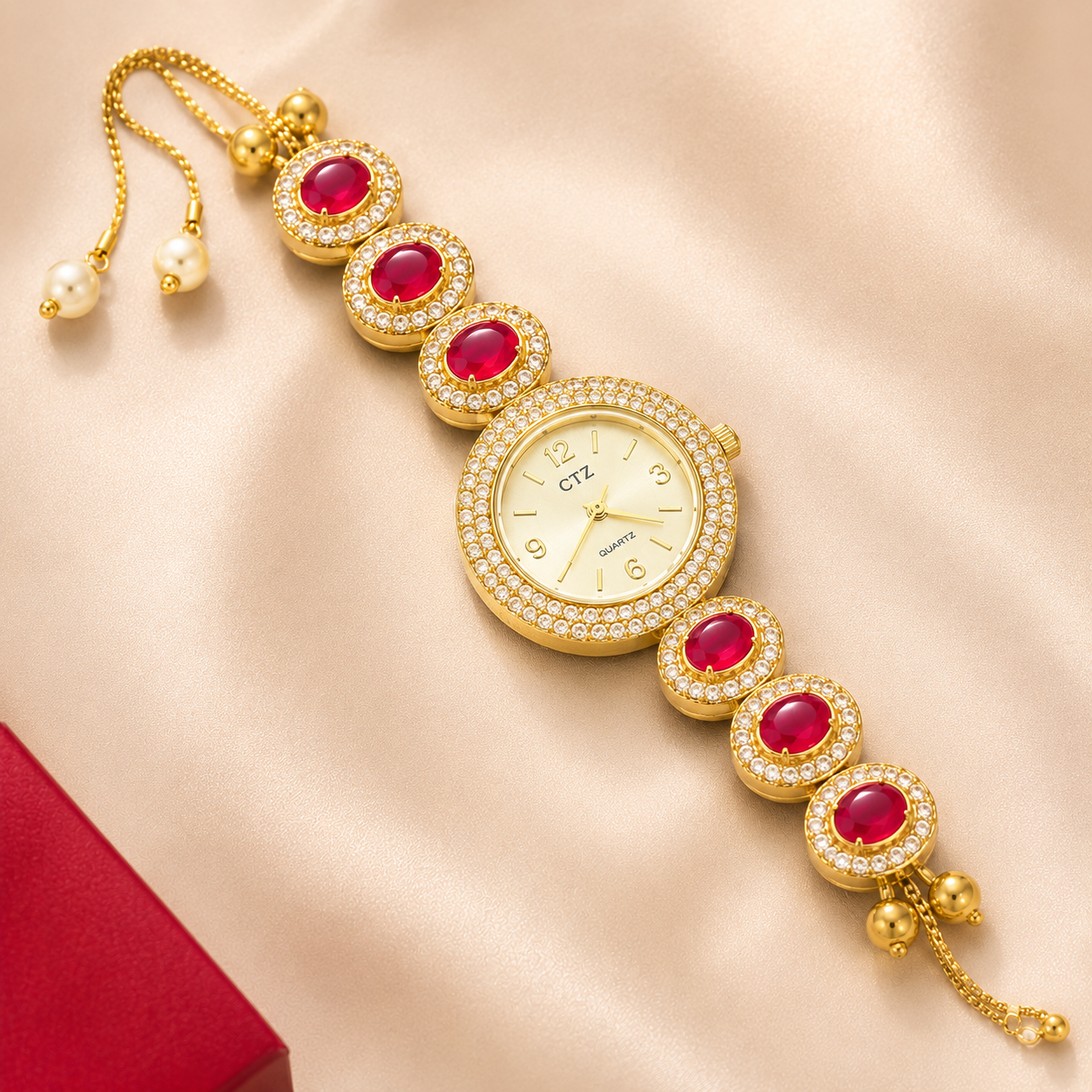 Gold Plated Ruby AD Halo Link Adjustable Watch
