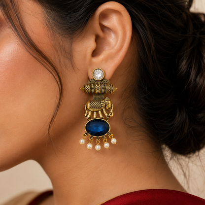 Gold Tone Elephant Motif Oval Stone Pearl Earrings