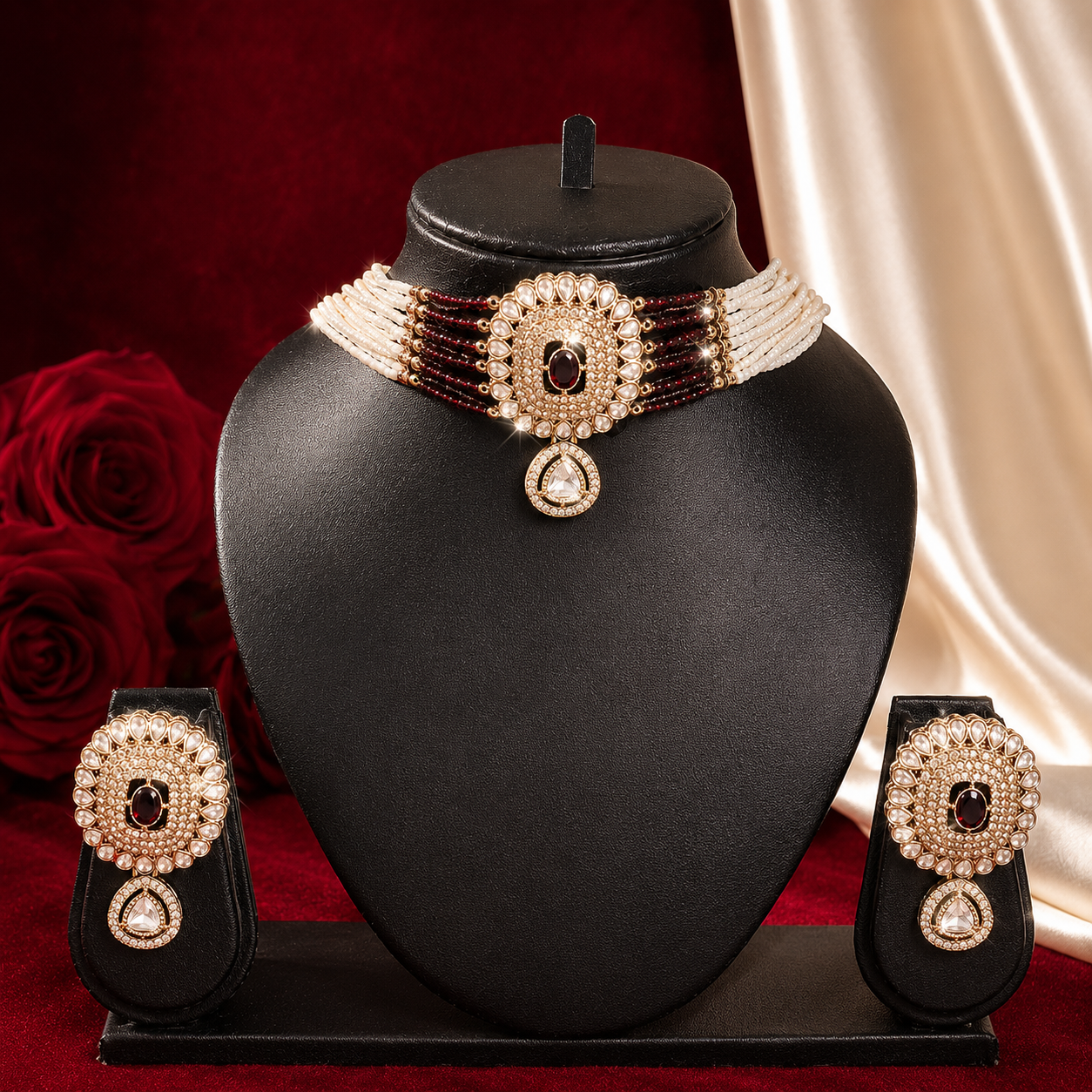 Wine Red Multi-Layer Pearl Kundan Choker Set