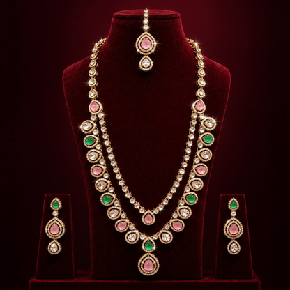 Moisannite Blush Pink Jade Green Uncut Polki Diamond Long Haar Set