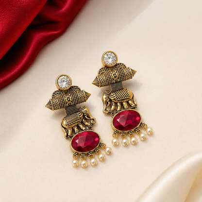 Gold Tone Elephant Motif Oval Stone Pearl Earrings