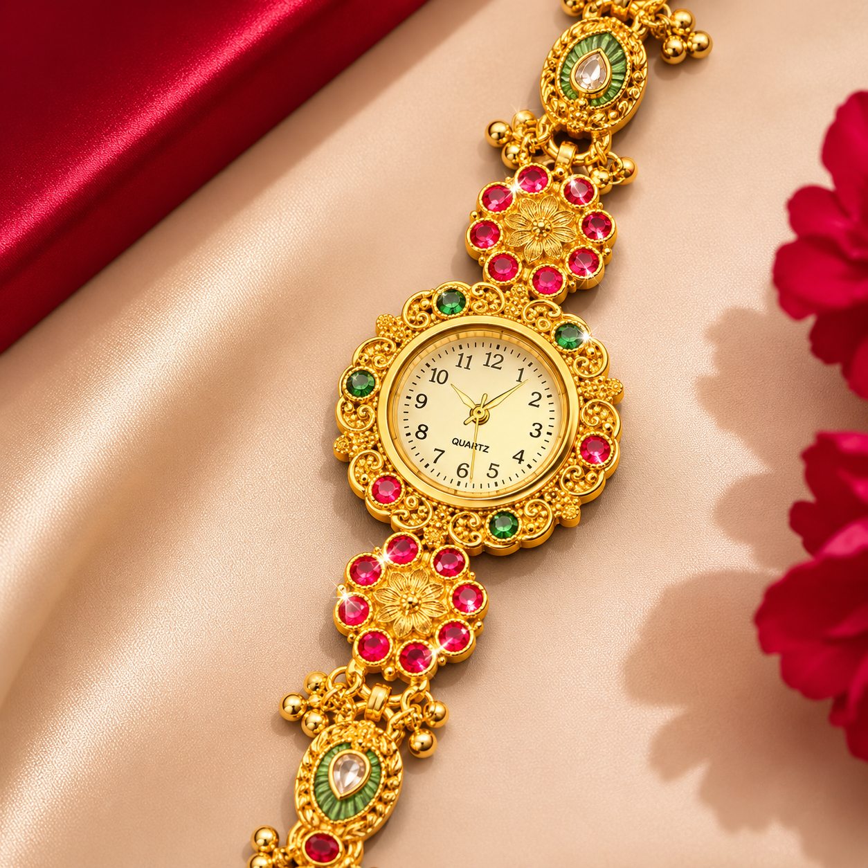 Gold Tone Ruby Emerald Round Stone Floral Nakshi Bracelet Watch