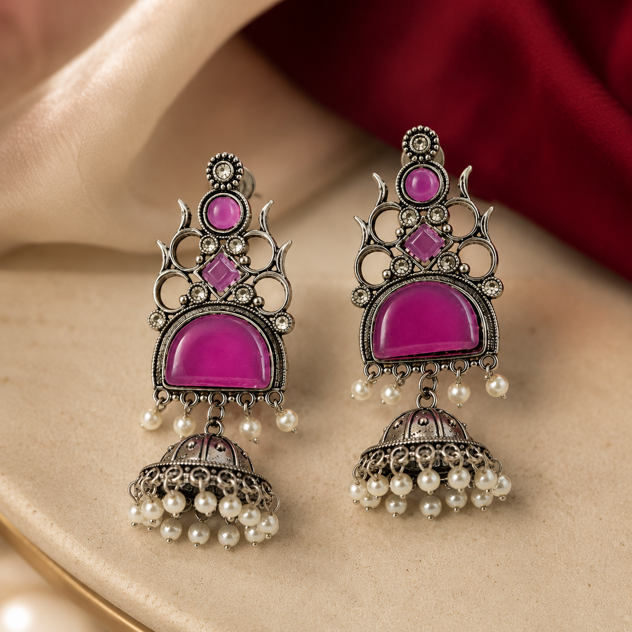 Oxidised Silver Round Half Moon Multi Stone Jhumka Pearl Earrings