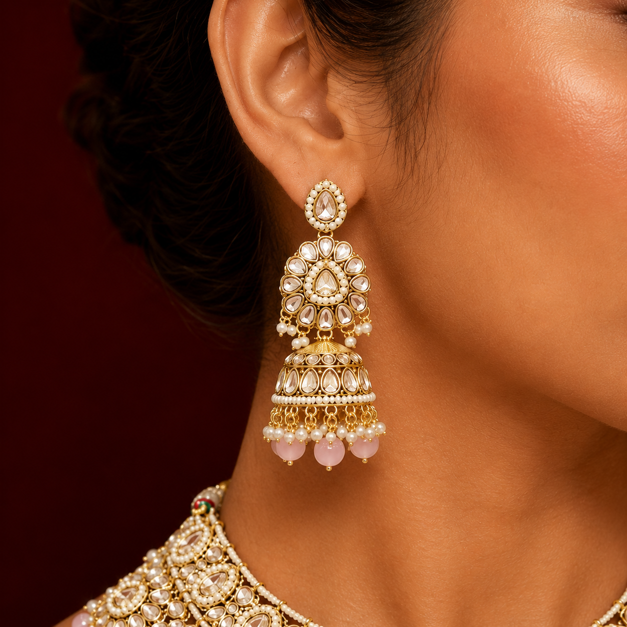 Blush Pink Polki Kundan Pearl Necklace Set With Maang Tikka