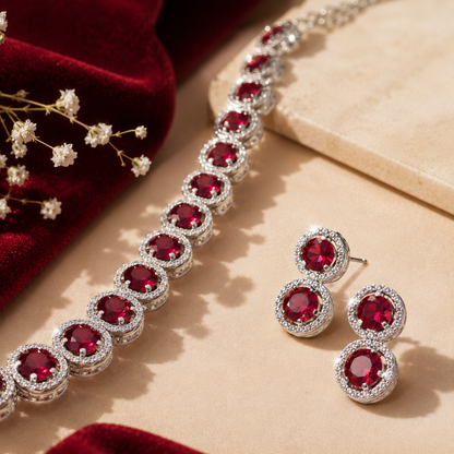 Silver Tone Red Round American Diamond Tennis Necklace Set