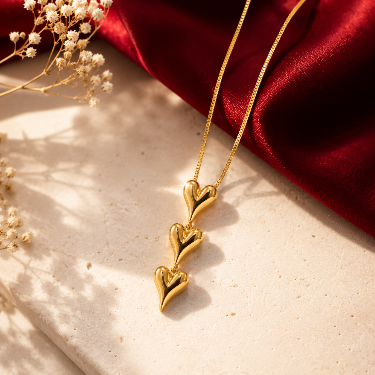 Triple Puffy Heart Drop Necklace