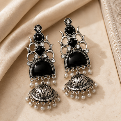 Oxidised Silver Round Half Moon Multi Stone Jhumka Pearl Earrings