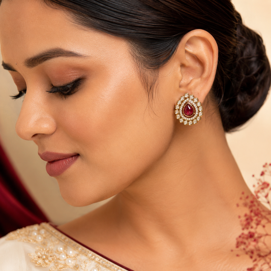 Gold Tone Ruby Teardrop AD Halo Bezel Stud Earrings