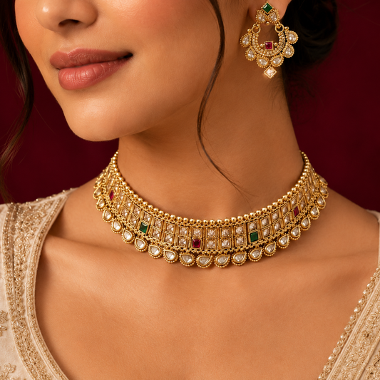 Antique Gold Multi Stone Square Choker Set