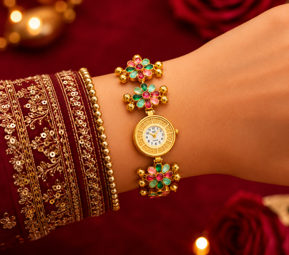 Gold Tone Multi Stone Petal Flower Ghungroo Chain Watch