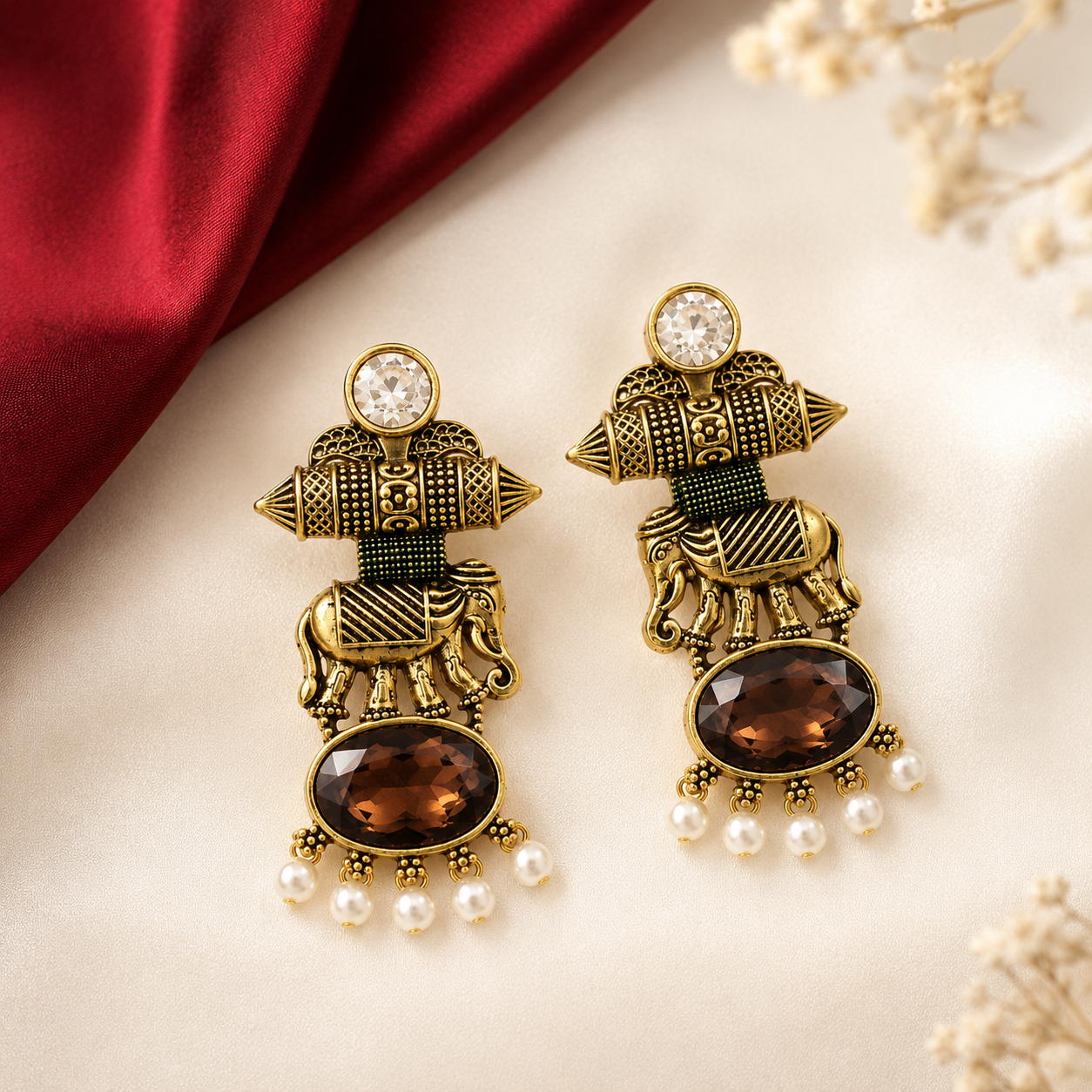 Gold Tone Elephant Motif Oval Stone Pearl Earrings