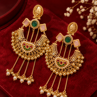 Gold Tone Green Pink Chandbali Pearl Chain Earrings