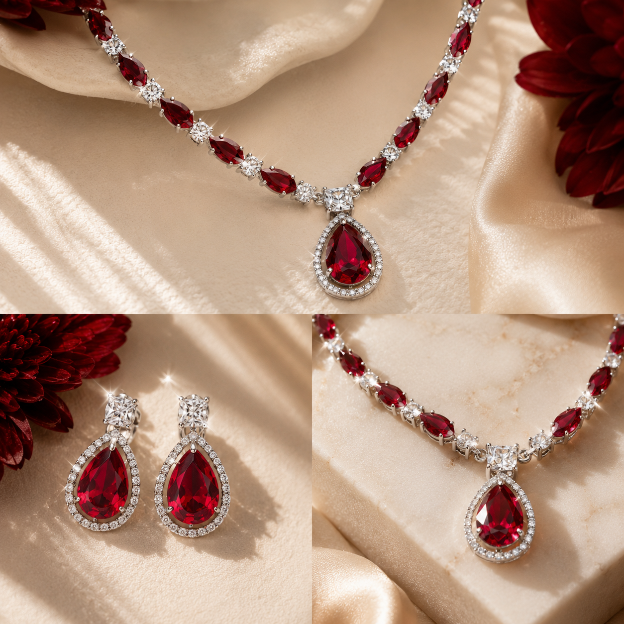 Silver Plated Deep Red Ruby Oval White AD Teardrop Necklace Set