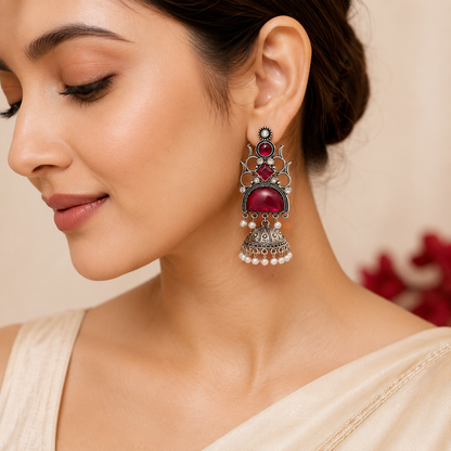 Oxidised Silver Round Half Moon Multi Stone Jhumka Pearl Earrings