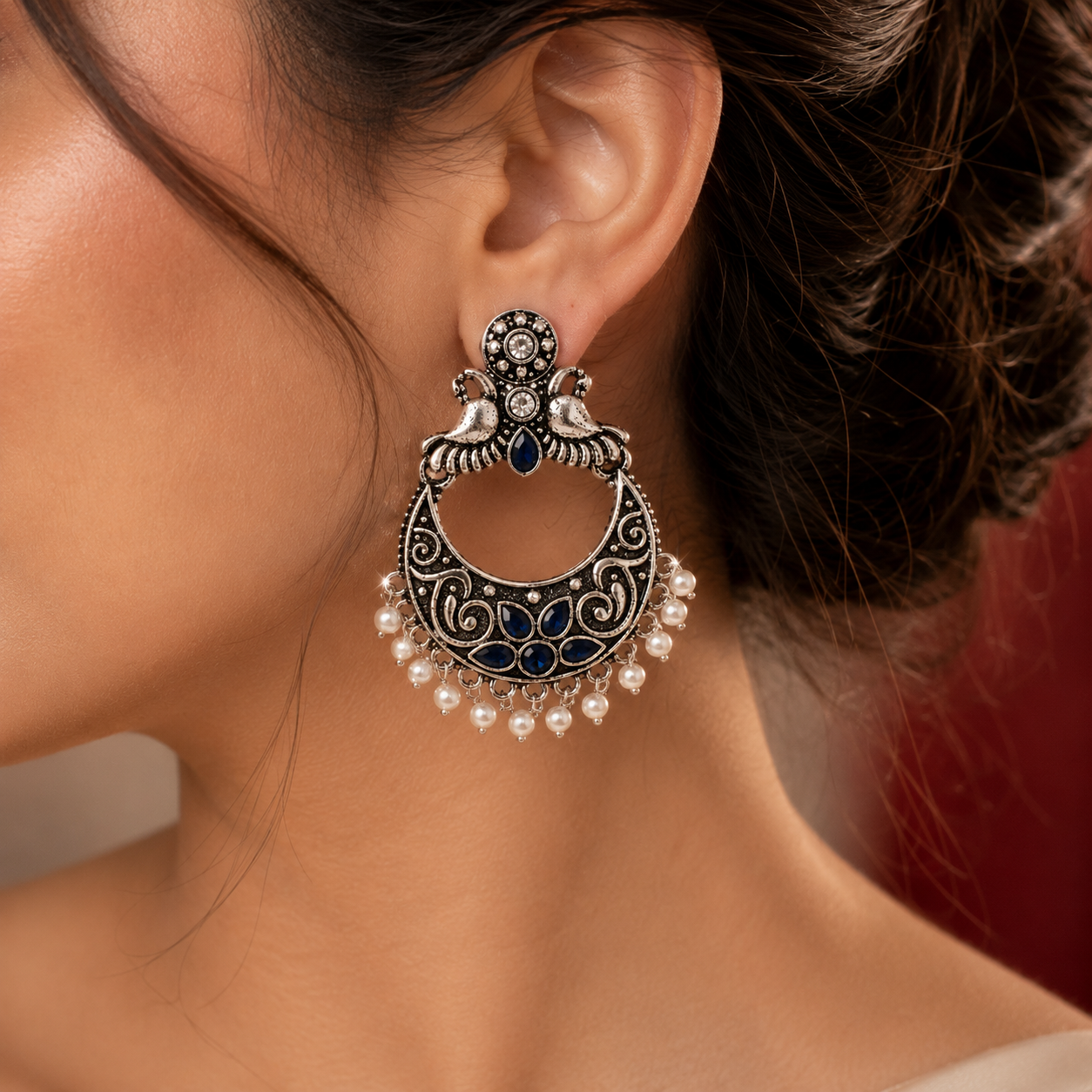 Oxidised Silver Blue Stone Peacock Crescent Chandbali Earrings