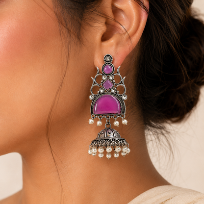 Oxidised Silver Round Half Moon Multi Stone Jhumka Pearl Earrings