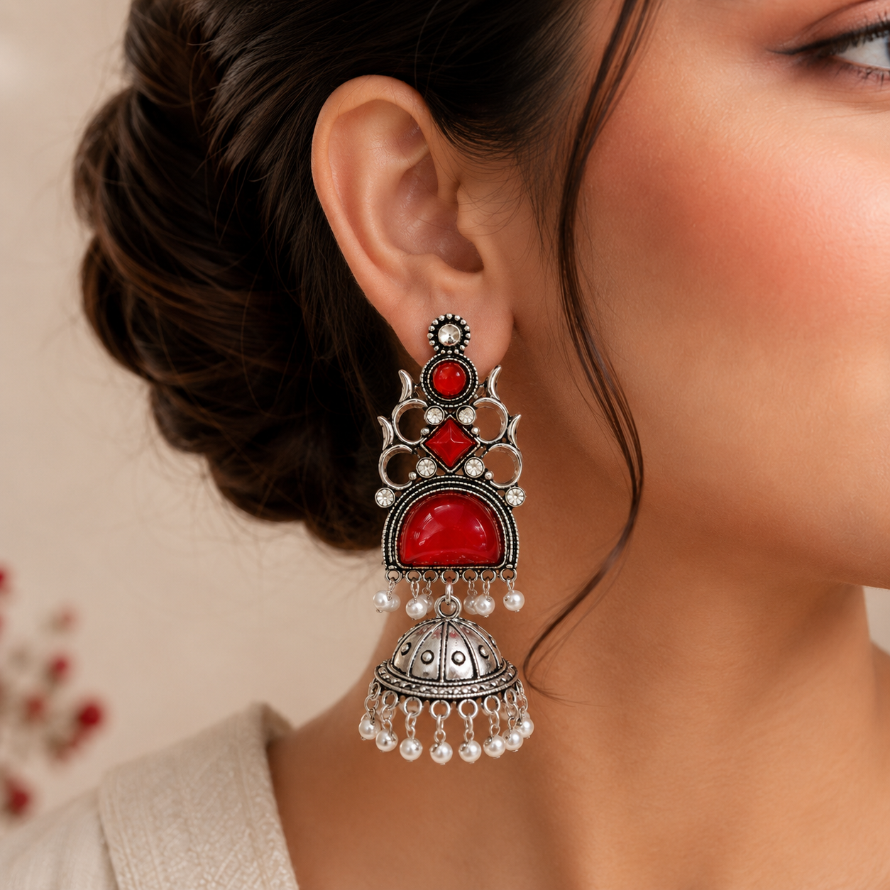 Oxidised Silver Round Half Moon Multi Stone Jhumka Pearl Earrings