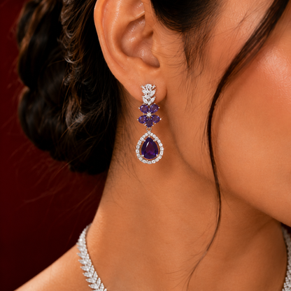 Rich Purple Floral White AD Leaf Teardrop Necklace Set