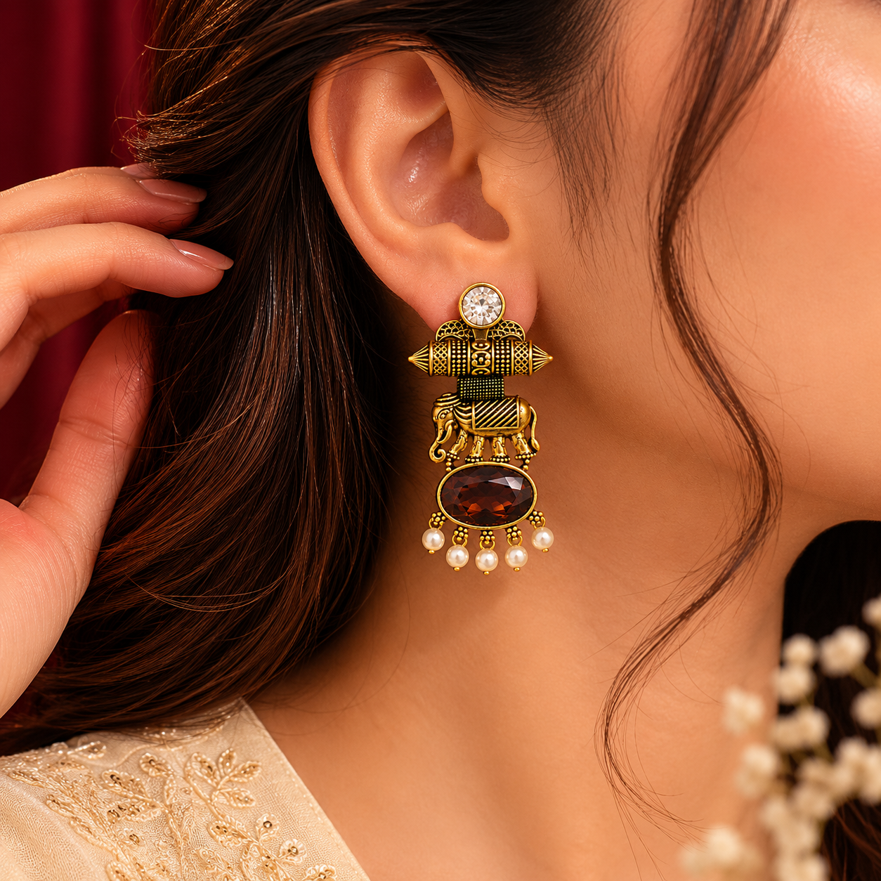 Gold Tone Elephant Motif Oval Stone Pearl Earrings