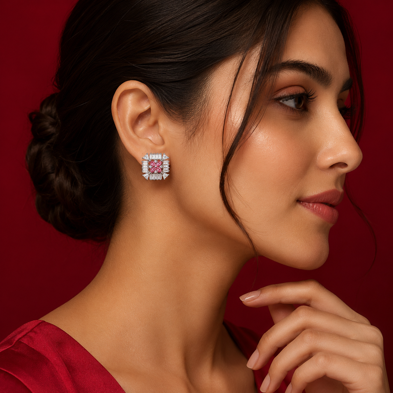Silver Tone Star Flower AD Geometric Stud Earrings