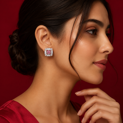 Silver Tone Star Flower AD Geometric Stud Earrings