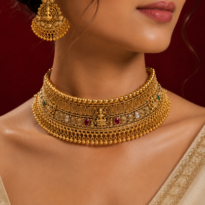 Antique Gold Nakshi Lakshmi Temple Bead Drop Choker Set