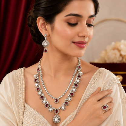 Moisannite Ruby White AD Double Strand Necklace Set With Tikka