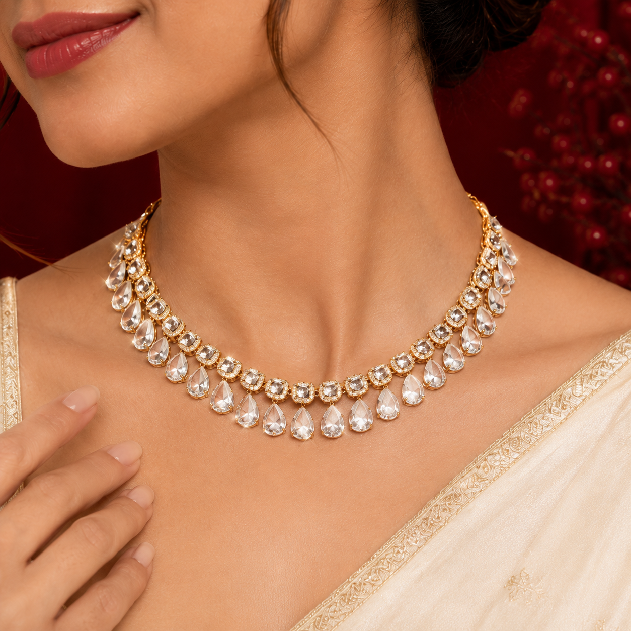 White Uncut Polki Cushion Drop Fringe Bridal Necklace Set