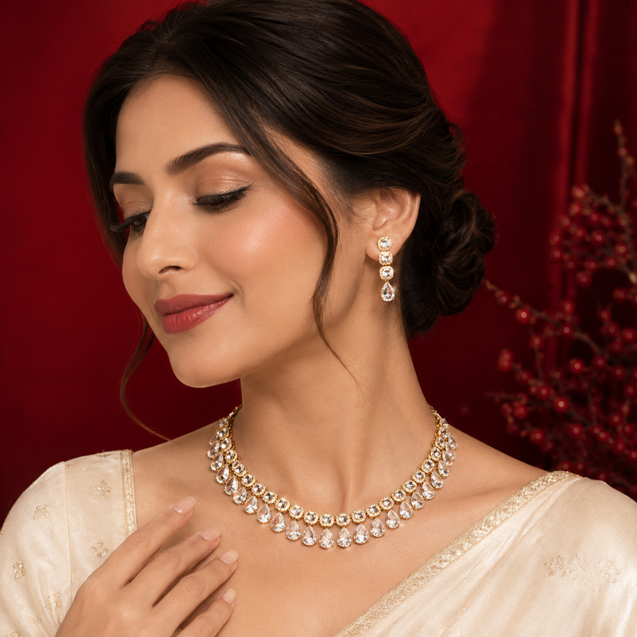 White Uncut Polki Cushion Drop Fringe Bridal Necklace Set