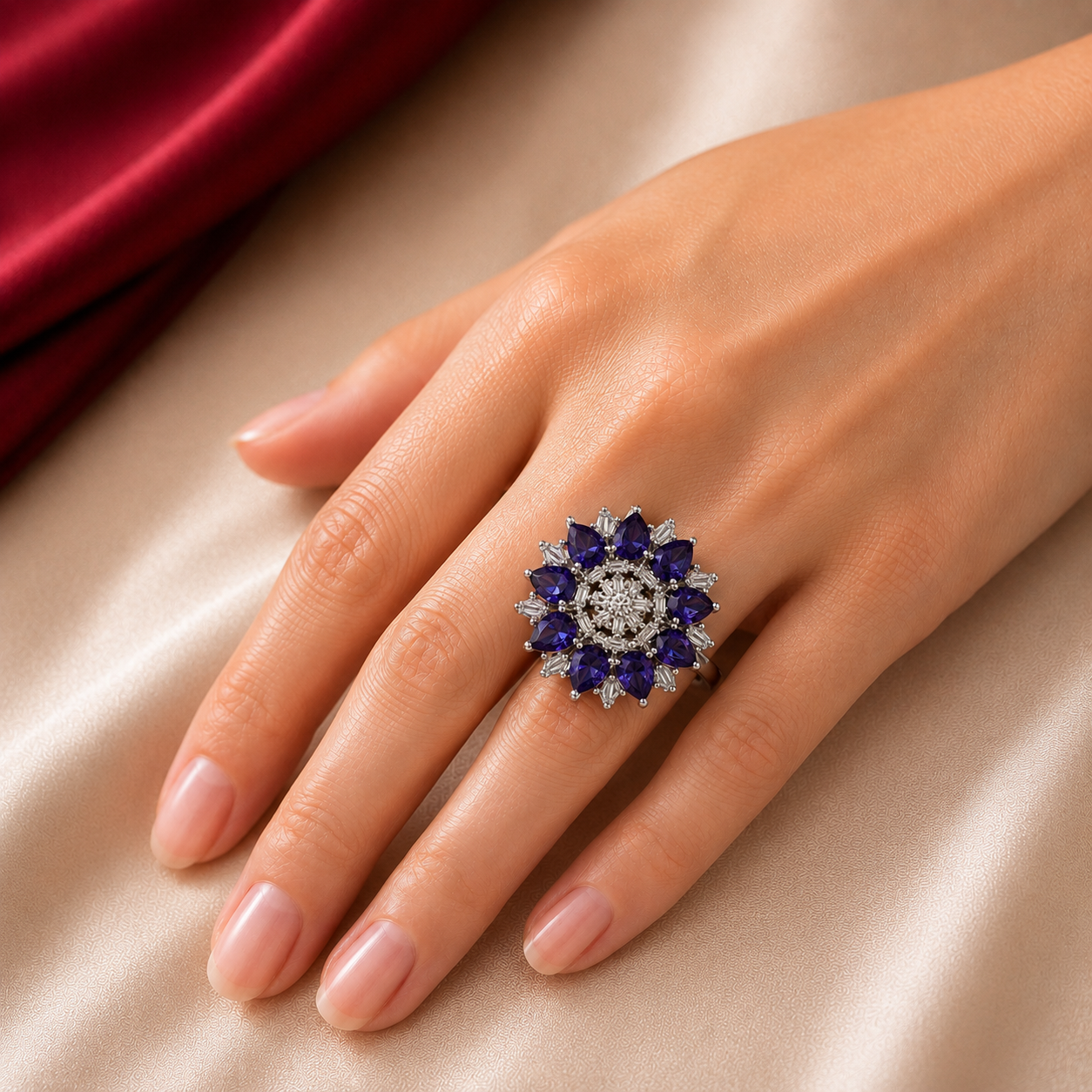 Marquise Pear Flower Cluster AD Statement Cocktail Ring