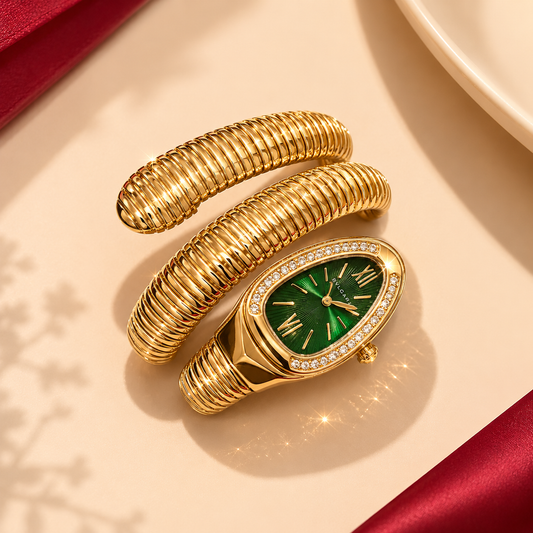 Gold Plated Snake Wrap Coil AD Bezel Quartz Watch