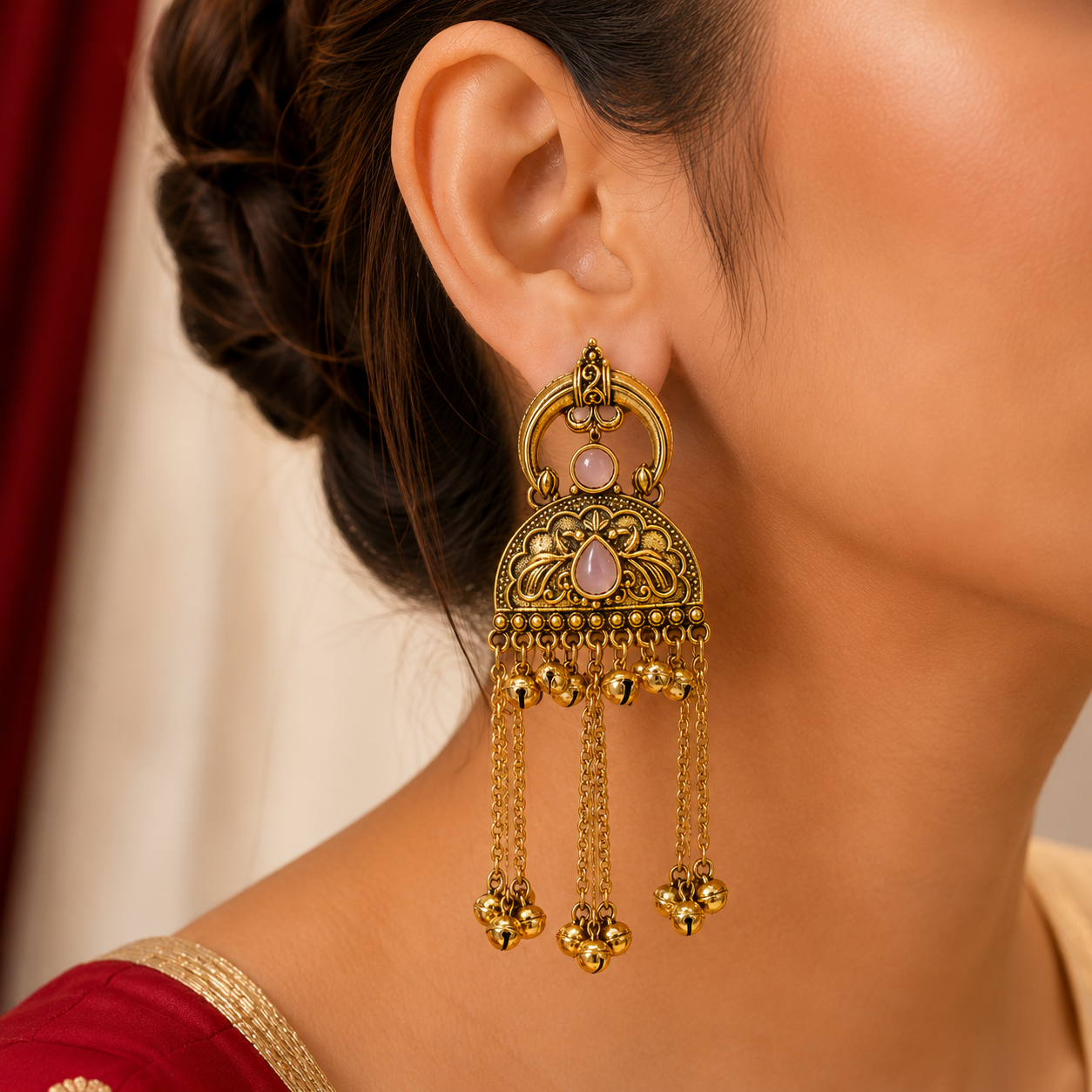 Crescent Hoop Filigree Dome Chain Ghungroo Drop Earrings