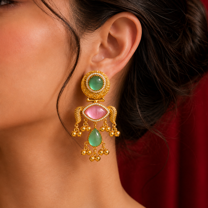 Gold Plated Green Pink Oval AD Teardrop Ghungroo Earrings