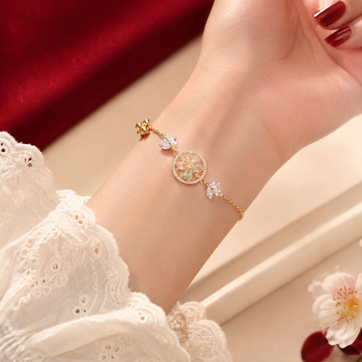 Gold Tone Peach Green Floral AD Leaf Chain Bracelet