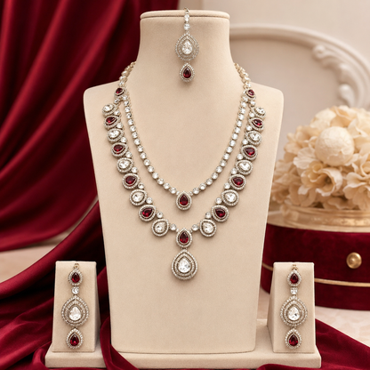 Moisannite Ruby White AD Double Strand Necklace Set With Tikka