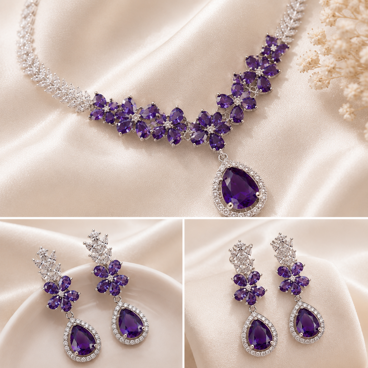 Rich Purple Floral White AD Leaf Teardrop Necklace Set