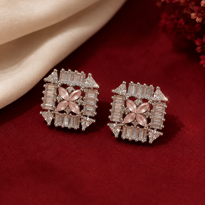 Silver Tone Star Flower AD Geometric Stud Earrings