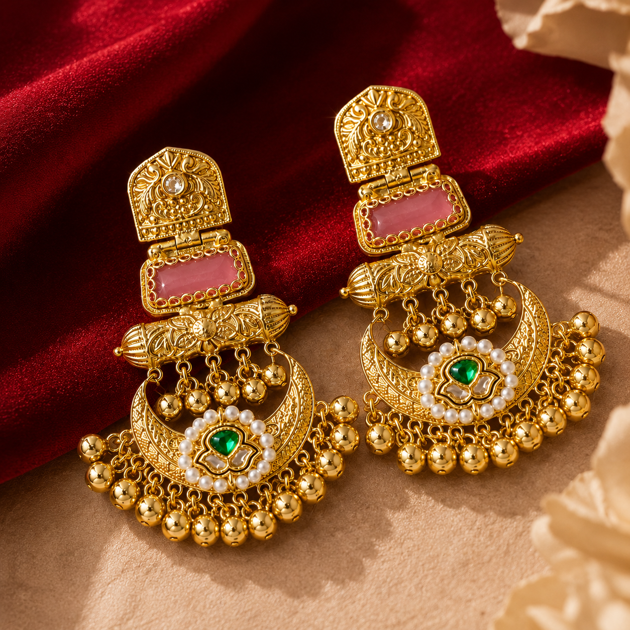 Gold Tone Pink Meenakari Emerald Pearl Chandbali Earrings
