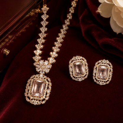 Gold Plated Emerald Cut AD Daisy Chain Pendant Necklace Set