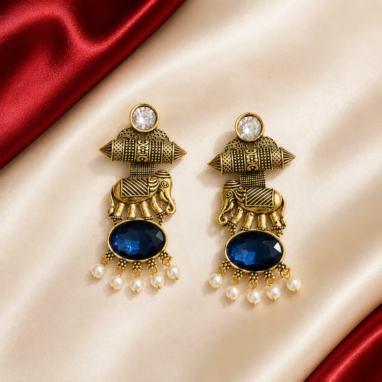 Gold Tone Elephant Motif Oval Stone Pearl Earrings
