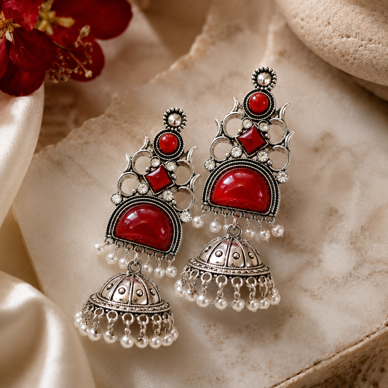 Oxidised Silver Round Half Moon Multi Stone Jhumka Pearl Earrings
